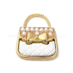 Lega di fascini dello smalto, con perle di plastica imitazione perla in abs, cadmio & nichel &piombo libero, oro, borsetta con charm bowknot, bianco, 18.5x16x4.5mm, Foro: 4.5x8 mm