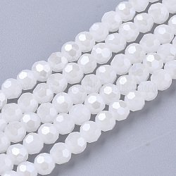 Hebras de cuentas de vidrio electrochapado facetadas (32 facetas), lustre de la perla chapado, imitación de jade, redondo, blanco, 4mm, agujero: 0.5 mm, aproximamente 100 pcs / cadena, 14.2 pulgada