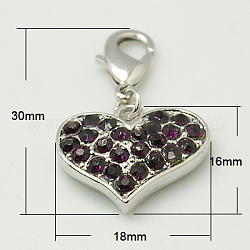 Alloy Rhinestone Pendants, Cadmium Free & Lead Free, Grade A, with Lobster Clasp, Heart, Platinum Metal Color, Amethyst, 30x18x4mm