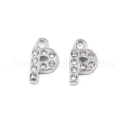 304 Stainless Steel Charms, with Crystal Rhinestone, Letter, Letter.P, 10~10.5x2~8x2mm, Hole: 1.2mm