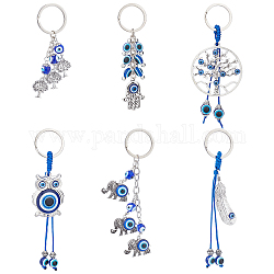 AHANDMAKER 6 Pcs Evil Eye Keychains, 6 Styles Alloy Keychain with Tree & Elephant & Hamsa Hand & Feather & Owl Charms, for Good Luck Small Pendants for Car Bag Keys Hanging Ornament Gift