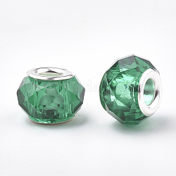 Acryl europäischen Perlen, Großloch perlen, mit versilberten Messingkernen, facettiert, Rondell, hell meergrün, 13~14x9~10 mm, Bohrung: 4.5 mm