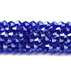 Transparentes perles de verre de galvanoplastie brins, perle plaquée lustre, facette, Toupie, bleu foncé, 4x4mm, Trou: 0.8mm, Environ 87~98 pcs/chapelet, 12.76~14.61 pouce (32.4~37.1 cm)