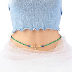 Glass Seed & Cat Eye Waist Beads, Brass Evil Eye Charm Belly Chains for Women, Medium Sea Green, 31.69 inch(80.5cm)