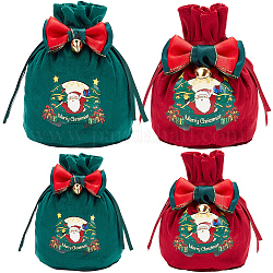 CRASPIRE 4Pcs 4 Styles Christmas Velvet Candy Apple Bags, with Iron Pendants, Bowknot Drawstring Pouches, for Gift Wrapping, Merry Christmas, Word, 13~15x14~16cm, 1pc/style