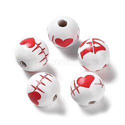 Perline di legno stampate a tema San Valentino, tondo, cuore, 15~16x14.5~15mm, Foro: 3~4 mm