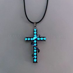 Leuchtendes, im Dunkeln leuchtendes Kreuz aus Legierung mit Schlangenanhänger und Lederband, Blau, 24.41 Zoll (62 cm)