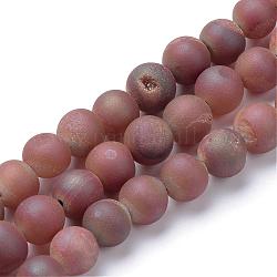 Chapelets de perles en agate de géode naturelle druzy électrolytique, Style mat, ronde, Bourgogne plaqué, 8~9mm, Trou: 1mm, Environ 46 pcs/chapelet, 14.7 pouce