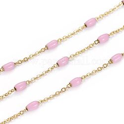 Ion Plating(IP) 304 Stainless Steel Cable Chains, with Enamel Oval Beads, Soldered, with Spool, Flat Oval, Golden, Pearl Pink, 5x2.5mm, Link: 2x1.6x0.3mm, about 32.8 Feet(10m)/roll
