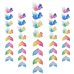 SUNNYCLUE 48Pcs 2 Style Transparent UV Printed Acrylic Pendants, with Spray Paint Bottom, Fishtail & Goldfish, Mixed Color, 24.5x29.5x4mm, Hole: 1.4mm