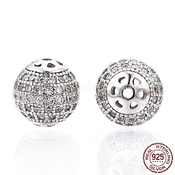 Rhodium Plated 925 Sterling Silver Micro Pave Cubic Zirconia Beads, Round, Nickel Free, Real Platinum Plated, 8mm, Hole: 1mm