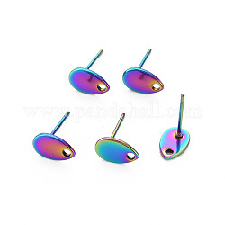 Rainbow Color 304 Stainless Steel Stud Earring Findings, with Hole, Teardrop, 8x5mm, Hole: 1.2mm, Pin: 0.7mm