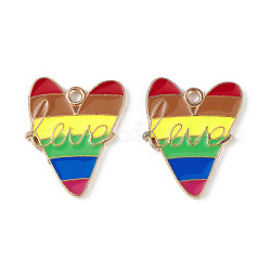 Colgantes de esmalte de aleación de orgullo de color arcoíris, encanto de corazón con palabra amor, la luz de oro, colorido, 22.5x17.7x1.5mm, agujero: 2 mm
