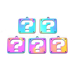 Rack-Überzug 201 Edelstahl-Kronleuchter-Komponenten-Verbinder, Laserschnitt, Quadrat mit Fragezeichen, Regenbogen-Farb, 25x23.5x1.5 mm, Loch: 1.2 mm & 2 mm