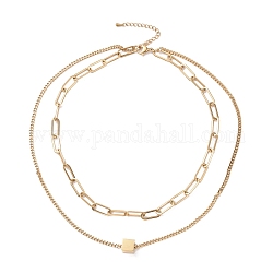 Vacuum Plating 304 Stainless Steel Double Chains Multi Layered Necklace with Cube Beaded for Women, Golden, 16.34 inch(41.5cm)