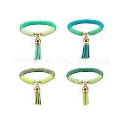 Ensembles de bracelets extensibles heishi en argile polymère faits à la main, bracelets à breloques en faux suède pour femmes, verte, diamètre intérieur: 2 pouce (5 cm), 4 pièces / kit