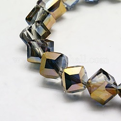 Perles cube moitié plaqué de verre de cristal brins, facette, cuivre plaqué, 10~11x10~11x10~11mm, Trou: 1mm