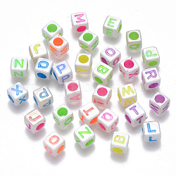 Perles acryliques plaquées couleur ab, trou horizontal, cube avec la lettre initiale, couleur mixte, lettres mixtes aléatoires, 6x6x6mm, Trou: 3.5mm, environ 3100 pcs/500 g