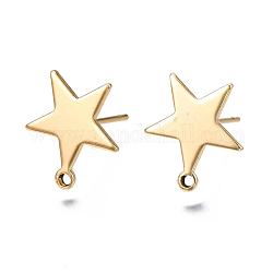 Brass Stud Earring Findings, with Loop and Flat Plate, Star, Nickel Free, Real 18K Gold Plated, 14x13mm, Hole: 1mm, Pin: 0.6mm