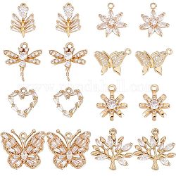 SUNNYCLUE 16Pcs 8 Style Brass Micro Pave Cubic Zirconia Pendants, Light Gold, Long-Lasting Plated, Cadmium Free & Lead Free, Butterfly/Heart/Leaf Charm, Clear, 13.5~18.5x11~20x2.5~4mm, Hole: 1~1.6mm, 2pcs/style