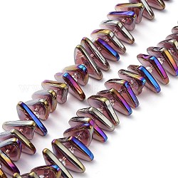 Chapelets de perles en verre transparent électrolytique, arc-en-ciel plaqué, triangle, support violet, 9x15.5~16mm, Trou: 1mm, Environ 120 pcs/chapelet, 24.57~25.67'' (62.4~65.2 cm)