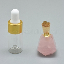 Faceted Natural Rose Quartz Openable Perfume Bottle Pendants, with Brass Findings and Glass Essential Oil Bottles, 33~37x18~22mm, Hole: 0.8mm, Glass Bottle Capacity: 3ml(0.101 fl. oz), Gemstone Capacity: 1ml(0.03 fl. oz)