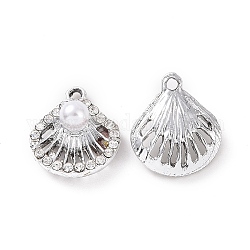 Ciondoli in lega strass di cristallo, con perla in plastica imitazione abs, charms shell, platino, 17x14.5x6mm, Foro: 1.6 mm