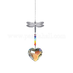 Crystals Chandelier Suncatchers Prisms Chakra Hanging Pendant, with Iron Cable Chains, Glass Beads and Dragonfly Brass Pendant, Heart Pattern, 350mm, Heart: 48x48mm, Dragonfly: 45x60mm