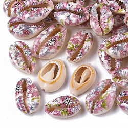 Perles de coquillage cauri naturelles imprimées, pas de trous / non percés, avec motif de fleurs, colorées, 18~25x12~15x7mm