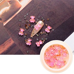 Nail Art Decoration Accessories, with Resin Cabochons and Glass No Hole Beads, Chip & Bear, Hot Pink, 10x8x4mm & 0.5~4x0.5~2x0.5~2mm & 2~5x2~3x2~3mm