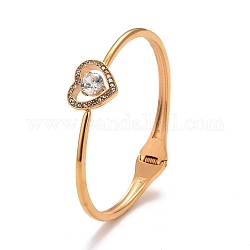 Bracelet manchette coeur strass cristal, bracelet ouvert à charnière pour femme, or, diamètre intérieur: 2-1/4 pouce (5.6 cm)