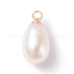 Encantos de perlas naturales, con presillas de latón en tono dorado claro, arroz, blanco, 11~12.5x5~7mm, agujero: 1.5 mm