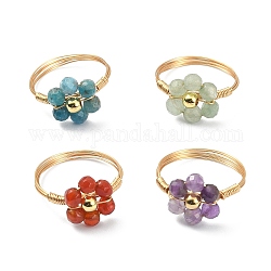 4Pcs 4 Style Natural Mixed Gemstone Beaded Flower Finger Rings Set, Real 18K Gold Plated Copper Wire Wrapped Jewelry, Inner Diameter: 18mm, 1Pc/style