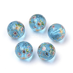 Gedruckt Glasperlen, Runde mit Blumenmuster, Verdeck blau, 10x9 mm, Bohrung: 1.5 mm