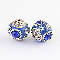 Handmade Indonesia Round Beads, with Glass Cabochons and Antique Silver Metal Color Double Alloy Cores, Blue, 14~15x15~16mm, Hole: 2mm