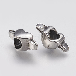 Ion Plating(IP) 304 Stainless Steel European Beads, Large Hole Beads, Heart, Antique Silver, 6x18x8mm, Hole: 5mm
