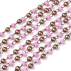 Handgefertigte Glasperlenketten, gelötet, mit unbeschichteten nickelfreien Messingfunden, mit Spule, Perle rosa, 2 mm und 1~2x0.9~1.5 mm, ca. 32.8 Fuß (10m)/Rolle