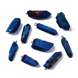 Pendenti in cristallo di quarzo naturale con placcatura sotto vuoto, con anello in ottone, forma di striscia, blu medio, 24~36x7~16x6~11mm, Foro: 1.8 mm