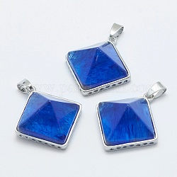 Ciondoli in vetro pietra anguria blu, con accessori di ottone, piramide, platino, 32x28.5x14mm, Foro: 6x3 mm