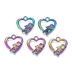 Rack Plating Rainbow Color Alloy Pendants, Cadmium Free & Nickel Free & Lead Free, Heart with Angel, 19.5x18x3mm, Hole: 2x2.5mm