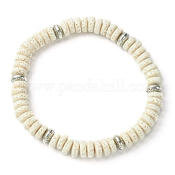 Bracelets extensibles en perles rondes et plates en pierre de lave teinte naturelle pour hommes, blanc, diamètre intérieur: 2-1/2 pouce (6.3 cm)