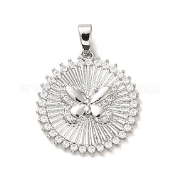 Brass Micro Pave Cubic Zirconia Pendants, Flat Round with Butterfly, Real Platinum Plated, 21x19x3mm, Hole: 4x2.5mm