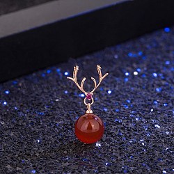 Brass Pendants, with Glass Imitation Chalcedony, Round with Antler, Red, Rose Gold