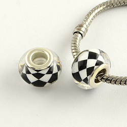 Large Hole Grid Pattern Acrylic European Beads, with Platinum Tone Brass Double Cores, Rondelle, White, 14x9mm, Hole: 5mm