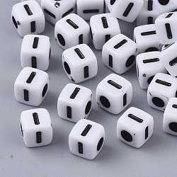Perles acryliques opaques blanches, trou horizontal, cube avec alphabet noir, letter.i, 4~5x4~5x4~5mm, Trou: 1.8mm, environ 6470~6500 pcs/500 g