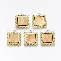 Rack Plating Alloy Pendants, with Peru Cellulose Acetate(Resin), Cadmium Free & Nickel Free & Lead Free, Square, Light Gold, 23.5x20.5x3.5mm, Hole: 2mm