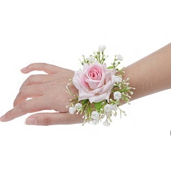 Corsage de poignet en tissu de soie imitation rose, fleur à la main pour la mariée ou la demoiselle d'honneur, mariage, décorations de fête, perle rose, 100x90mm