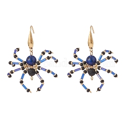 Boucles d'oreilles pendantes araignée tressées en pierre de lave naturelle et lapis-lazuli, bijoux d'halloween en fil de laiton pour femmes, or, 50mm, pin: 0.8 mm