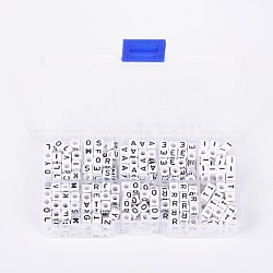 1 scatola di perline acriliche con foro orizzontale, cubo, lettera A / E / I / O / R / T e lettere casuali (4 scomparti), bianco, 6x6x6mm, Foro: 3 mm, su 40pcs / vano, 400pcs/scatola