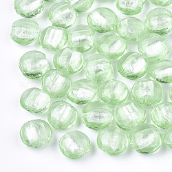Main feuille de perles de verre de Murano en argent, plat rond, vert clair, 12~13.5x11.5~13.5x7.5~8.5mm, Trou: 1~2mm